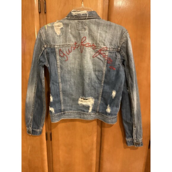 American Eagle Distressed "Just for Fun" Embroidered Denim Jacket Size S - Picture 3 of 12